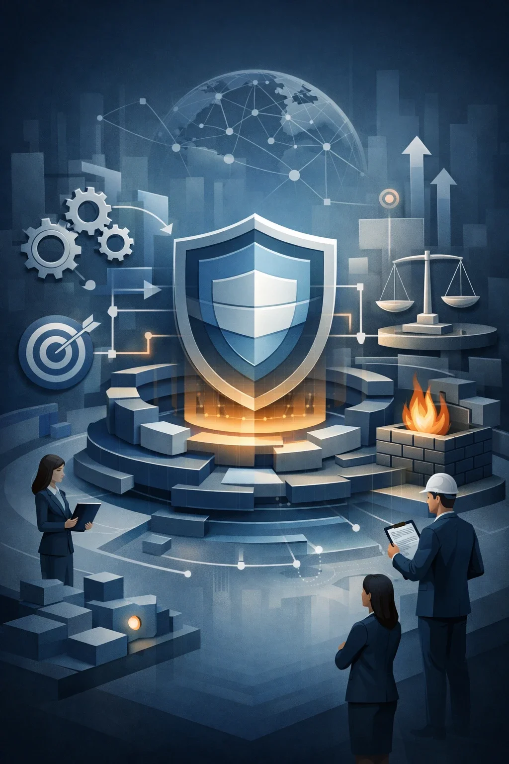 Structured risk management system with central shield, interconnected processes, gears, and layered controls illustrating governance and operational risk strategy.