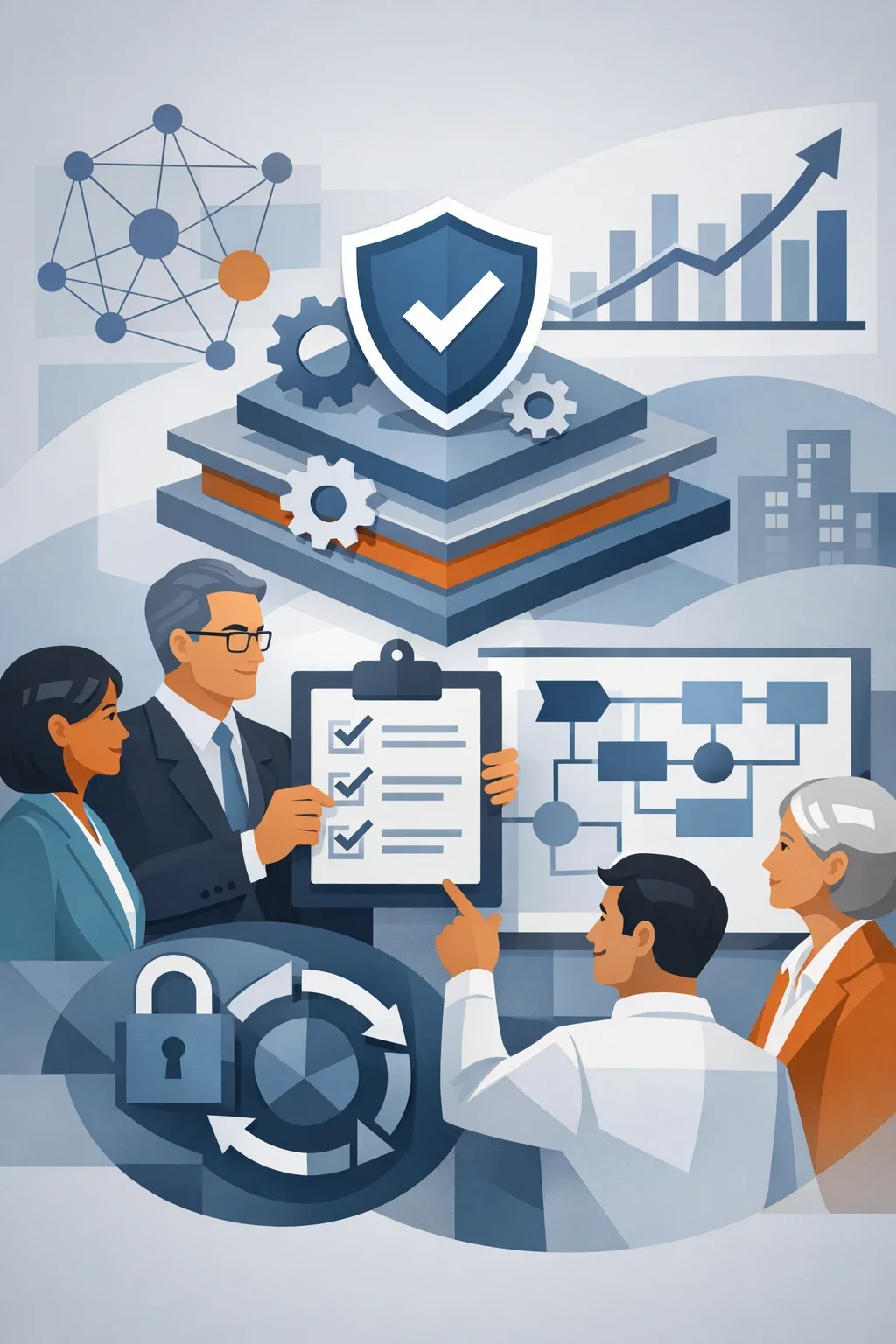 Digital illustration of a shield with checkmark, layered security controls, and consulting professionals reviewing systems representing FedRAMP compliance consulting for cloud security governance.