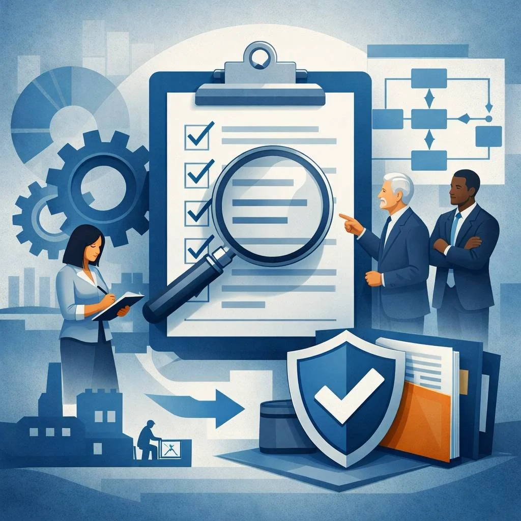 Digital illustration of professionals reviewing a clipboard and process flow with magnifying glass, symbolizing ISO 9001 internal auditor requirements and structured quality audits.