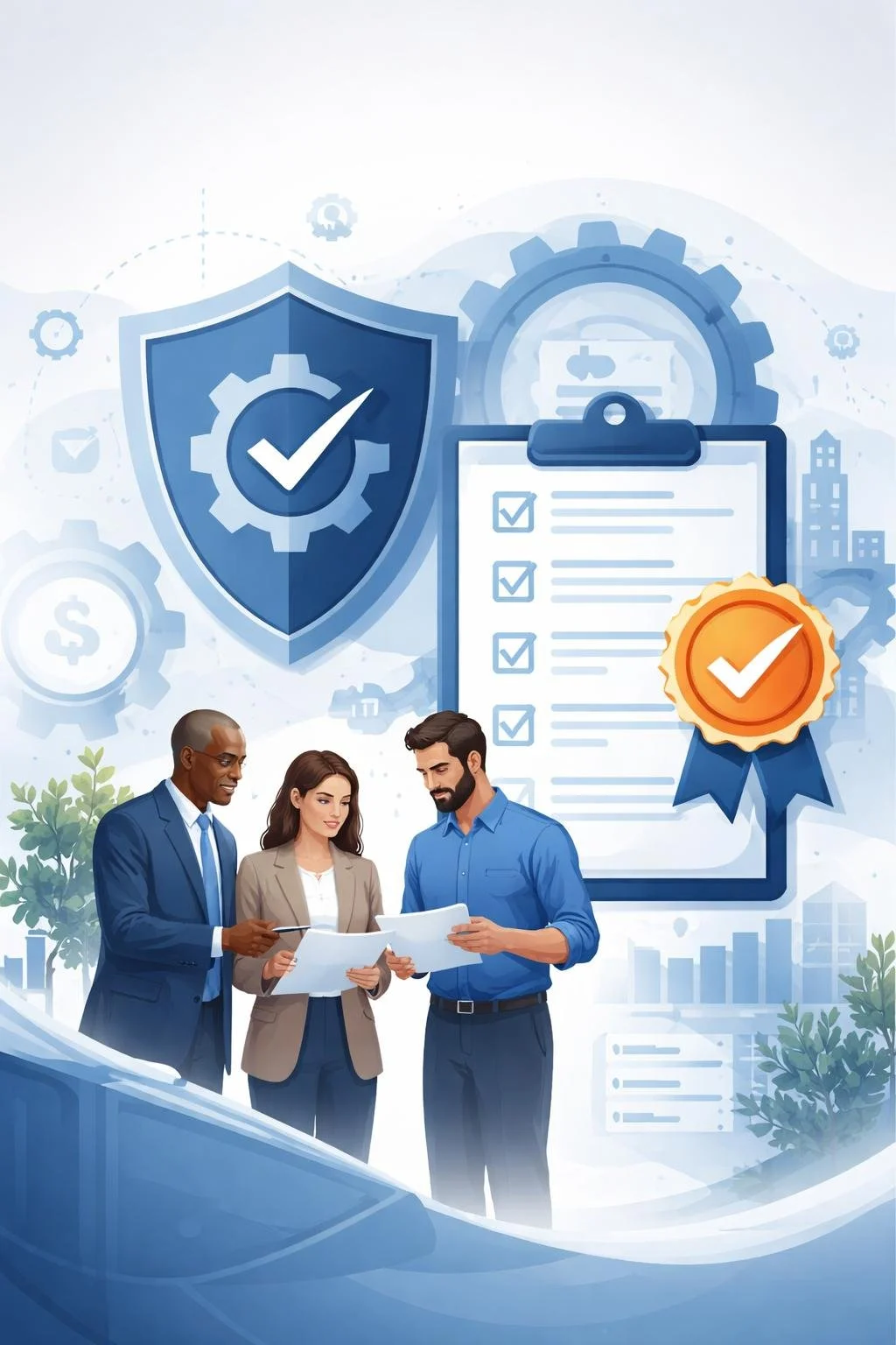 Digital illustration of consultants reviewing documents beside a shield, checklist, and gear system symbolizing ISO 9001 certification cost evaluation and structured quality management processes.