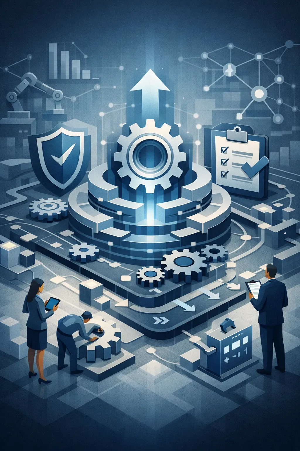 Structured operational system with central gear, layered process flows, validation shield, and audit elements showing controlled, scalable performance model