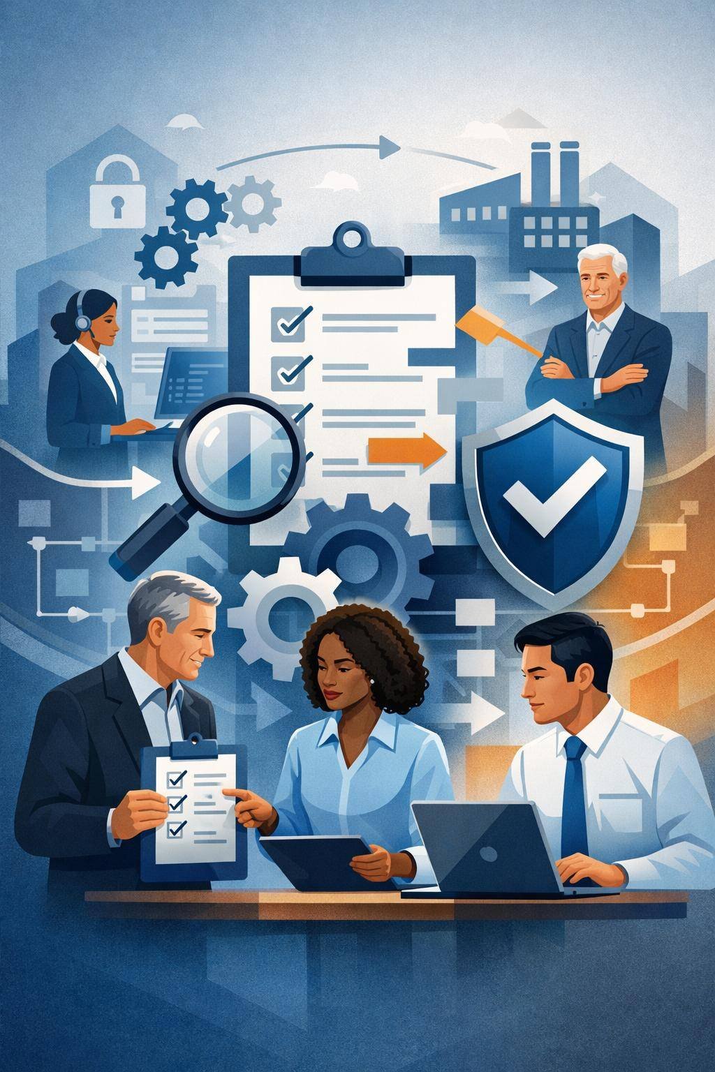 Digital illustration of professionals reviewing an audit checklist with shield, gears, and process flow elements representing ISO 9001 audit management software and internal audit governance.