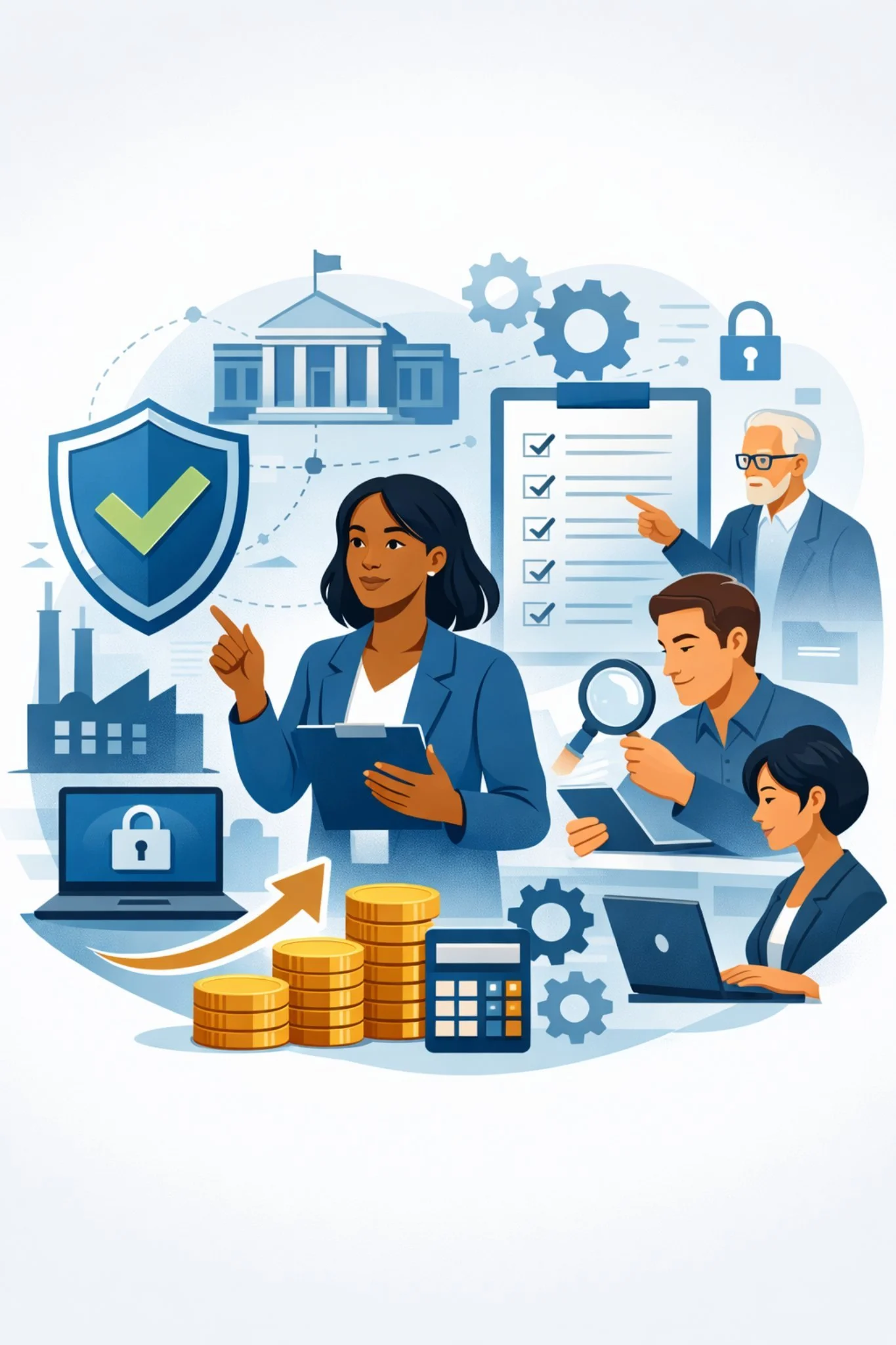 Illustrated portrait of diverse cybersecurity professionals reviewing compliance checklist with shield, lock, government building, network icons, and stacked coins representing CMMC certification cost planning and assessment readiness.