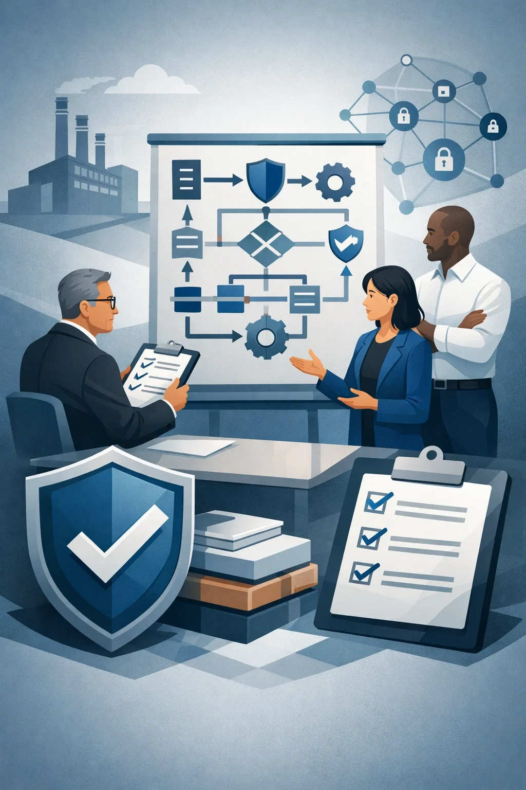 Digital illustration of cybersecurity compliance consulting showing structured controls, shield protection, and professionals analyzing a security framework system.