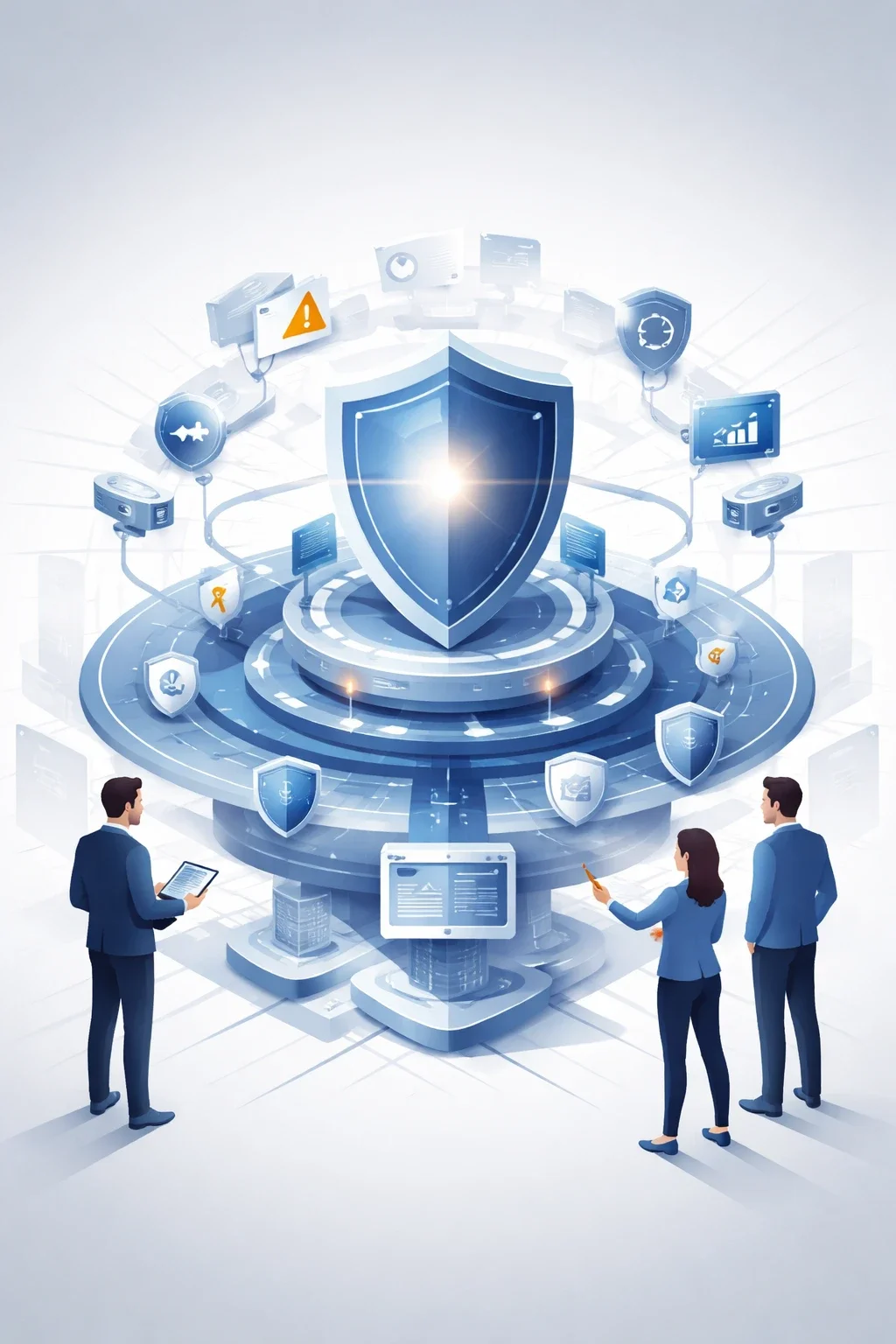 Layered crisis management system with central shield, interconnected controls, and structured response elements coordinating protection and recovery