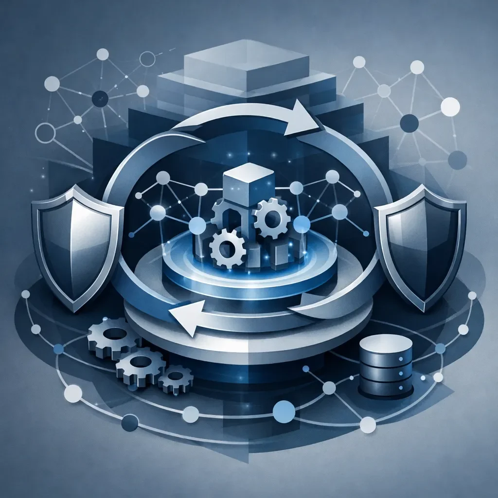 Abstract illustration of a business continuity program with a central system, layered controls, redundancy loops, and interconnected resilience structures.