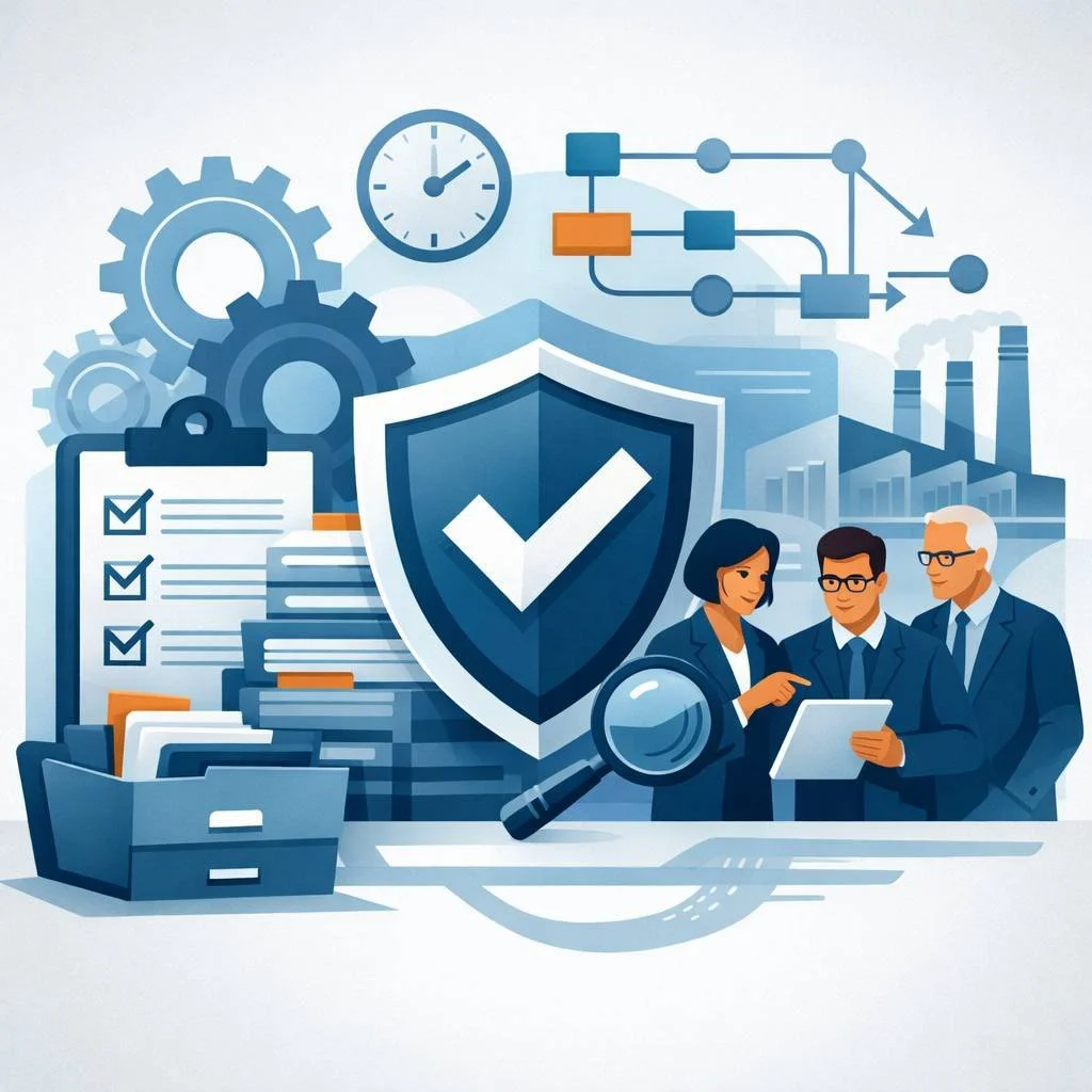 Digital illustration of shield, clipboard, document files, and gears representing structured ISO 9001 forms and records within a quality management system.
