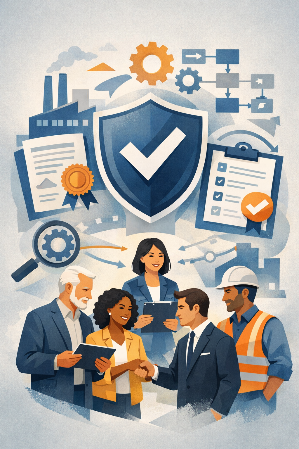 Professional team collaborating under a shield and structured process symbols illustrating the process of getting ISO 9001 certification.