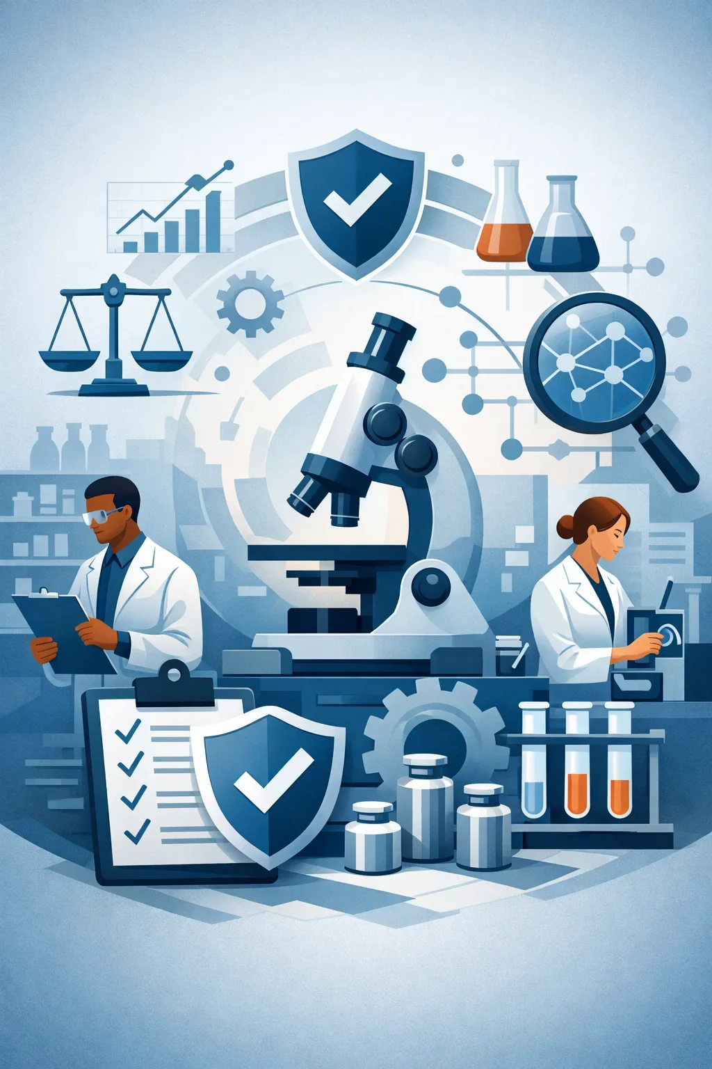 Digital illustration of laboratory professionals, microscope, and structured validation symbols representing an ISO 17025 laboratory management system and testing controls.