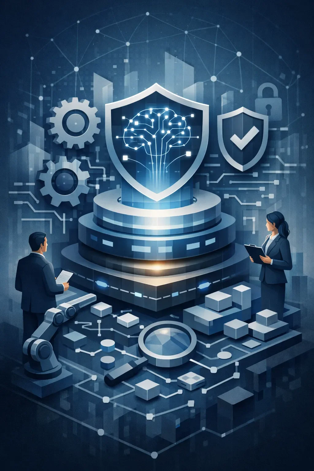 Abstract AI governance system with layered platform, shield-protected neural network, gears, and audit elements showing structured ISO 42001 control framework