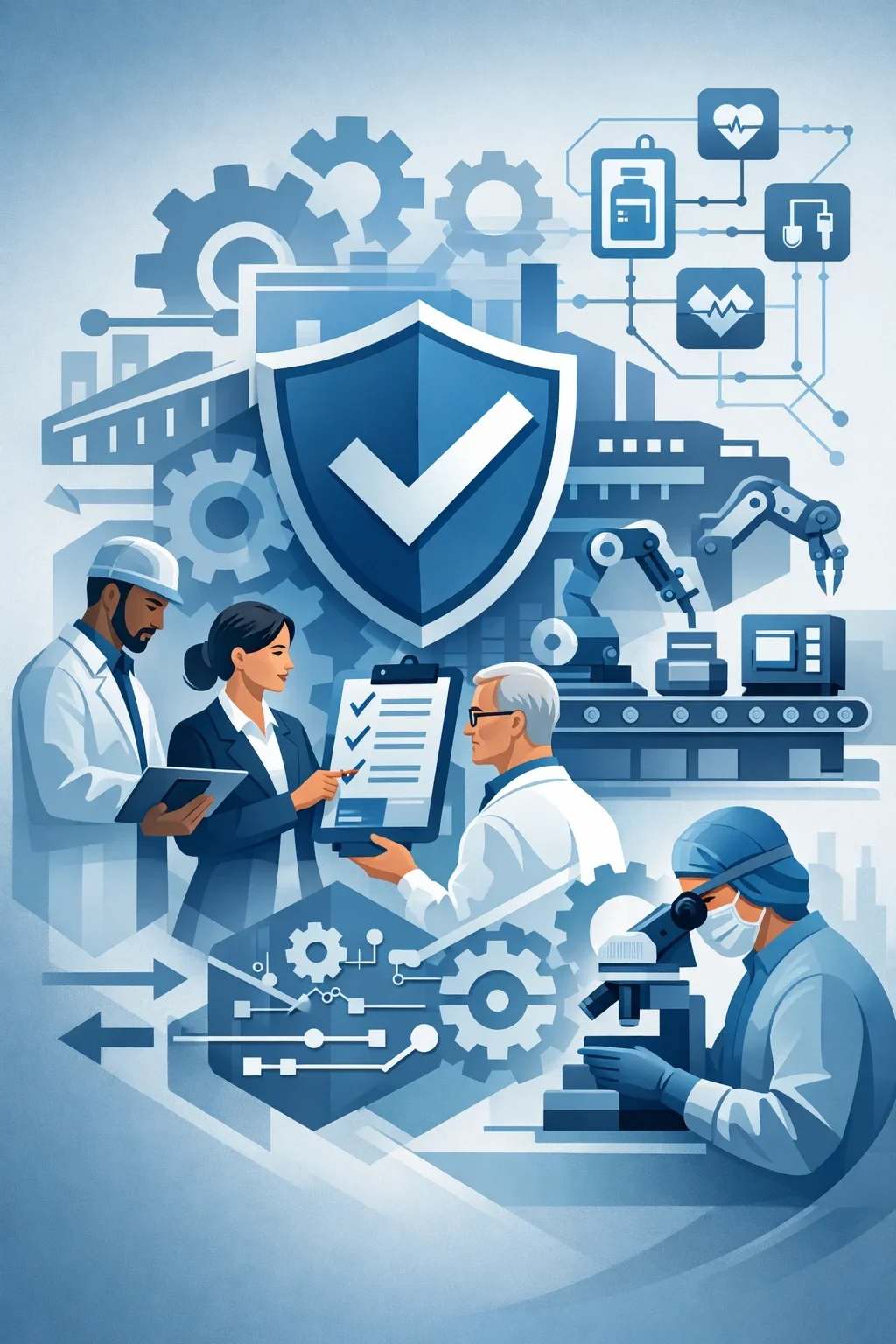 Digital illustration of shield, factory systems, and engineers representing ISO 13485 device manufacturers and structured medical device quality management systems.