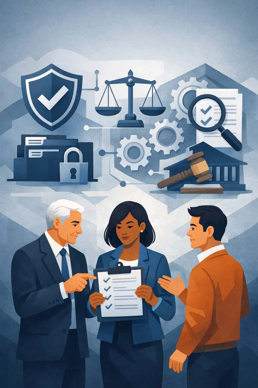 Digital illustration of diverse professionals reviewing a clipboard with layered shields, gears, and locks representing structured compliance services and governance systems.