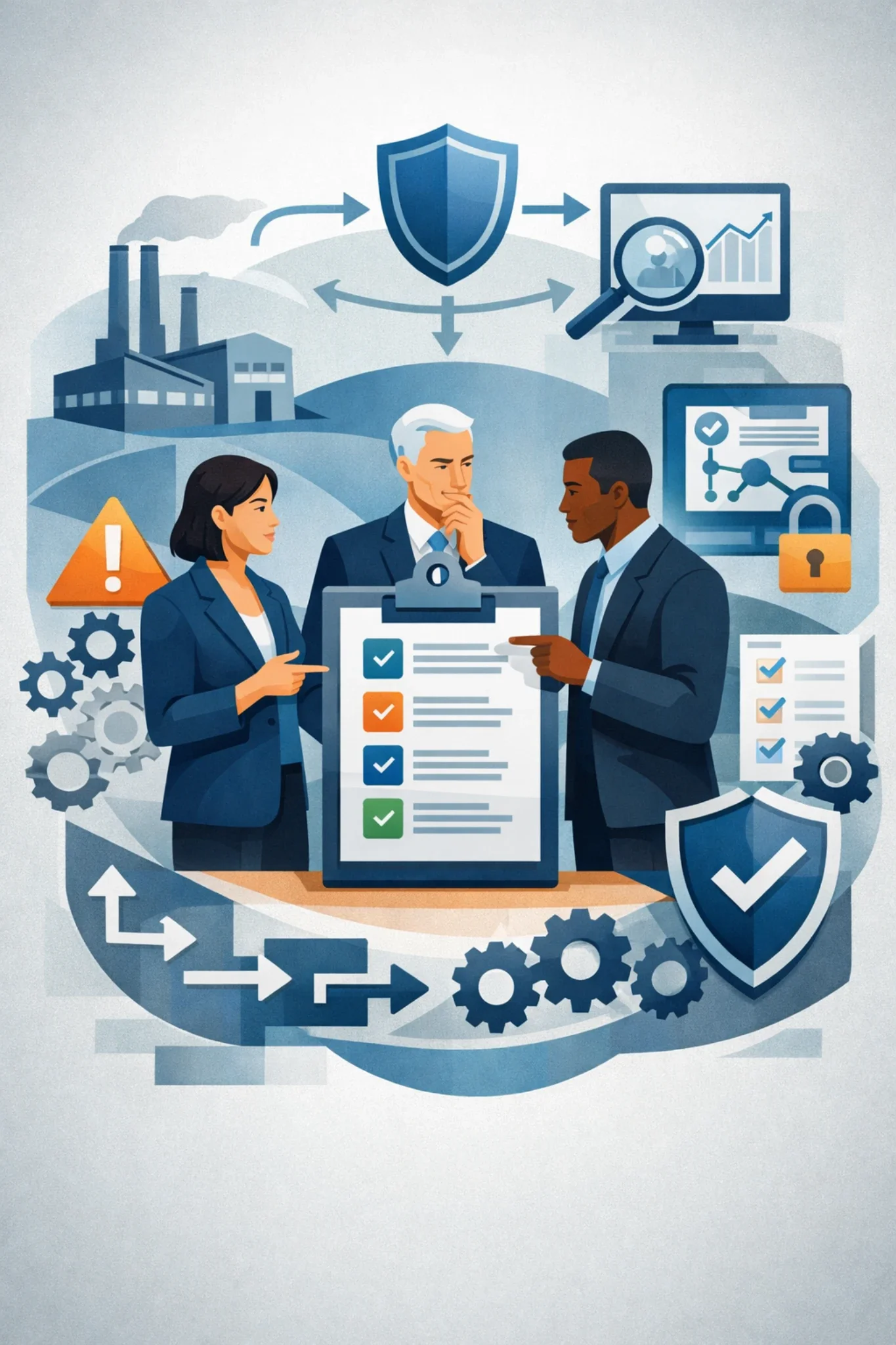 Digital illustration of incident management services showing structured response workflow, professionals reviewing a checklist, and symbols of control, risk, and resolution.
