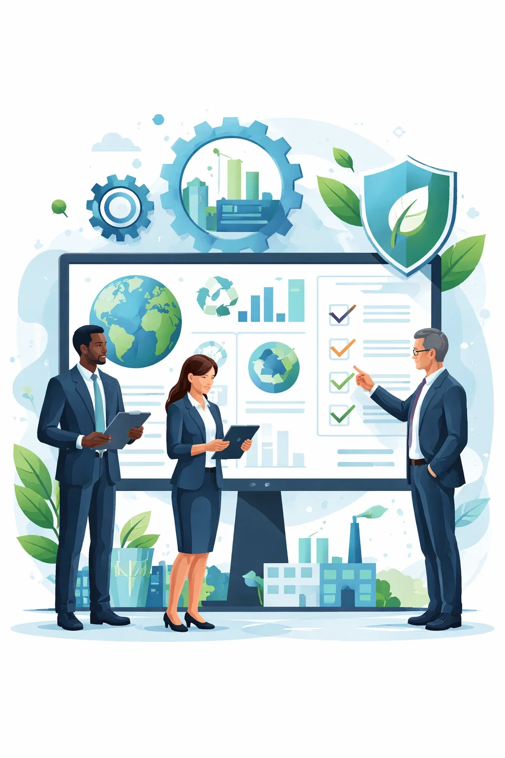 Digital illustration of professionals reviewing environmental management dashboards with factory, shield, and process symbols representing ISO 14001 EMS best practices and structured environmental governance.