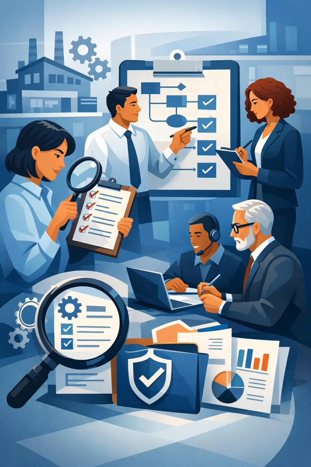 Digital illustration of diverse professionals reviewing a clipboard workflow and process diagram representing ISO internal audit training and structured management system evaluation.