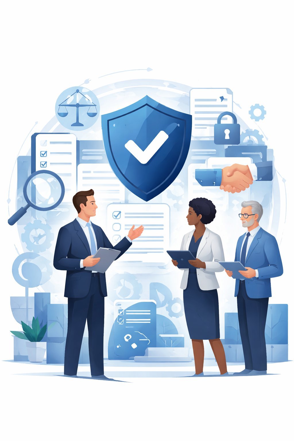 Digital illustration of a shield with layered controls and diverse professionals reviewing compliance processes, representing ISO 37001 anti-bribery management consulting.