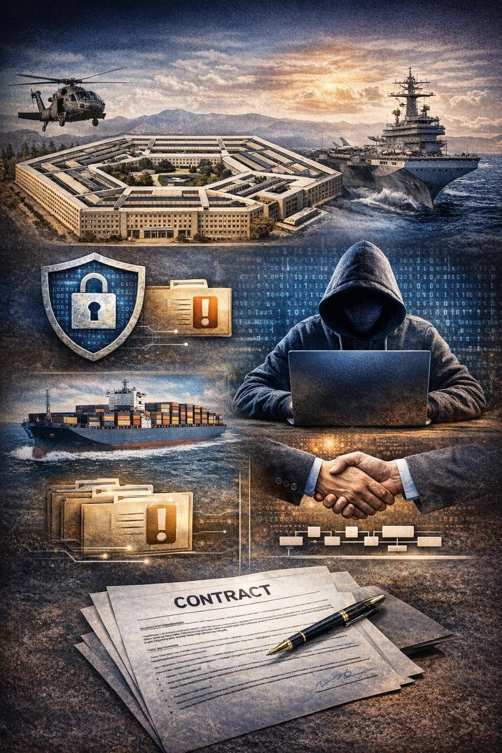 Illustrated portrait graphic representing DFARS requirements with defense facilities, cybersecurity shield, secure network protection, supply chain security, contract compliance, and risk management themes.