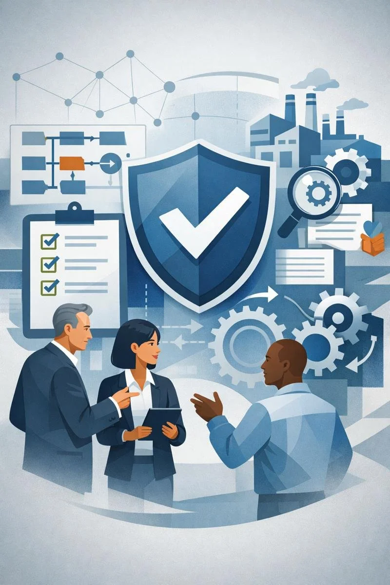 Digital illustration of consultants reviewing a structured quality management system with shield validation, checklist, gears, and factory elements representing how to get ISO 9001 certification.