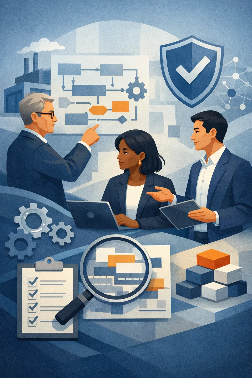 Digital illustration of professionals analyzing structured workflows, sustainability systems, and ESG controls with process diagrams, shield, and industrial elements
