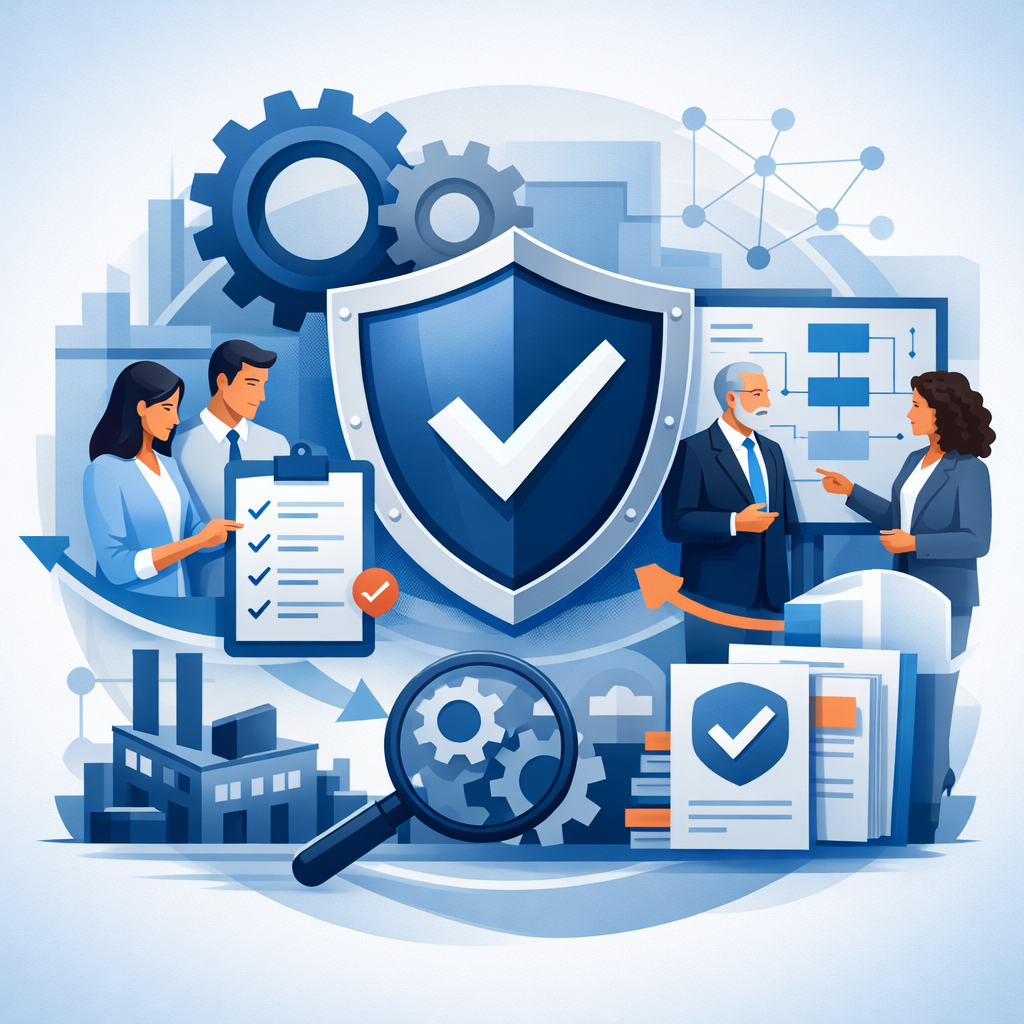 Digital illustration of a shield with a checkmark, gears, clipboard, and professionals representing structured quality management and a 9001 certified organization.