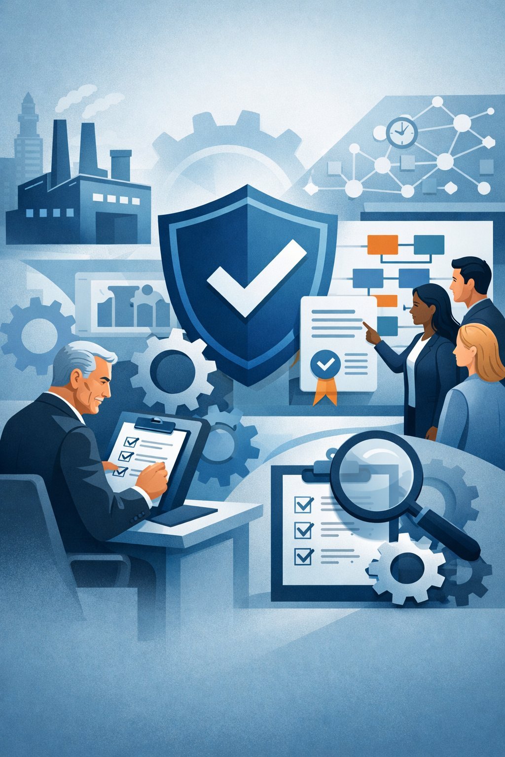 Digital illustration showing structured pathways, shield validation symbol, gears, and professionals reviewing process steps representing ISO 9001 certification steps and quality management systems.