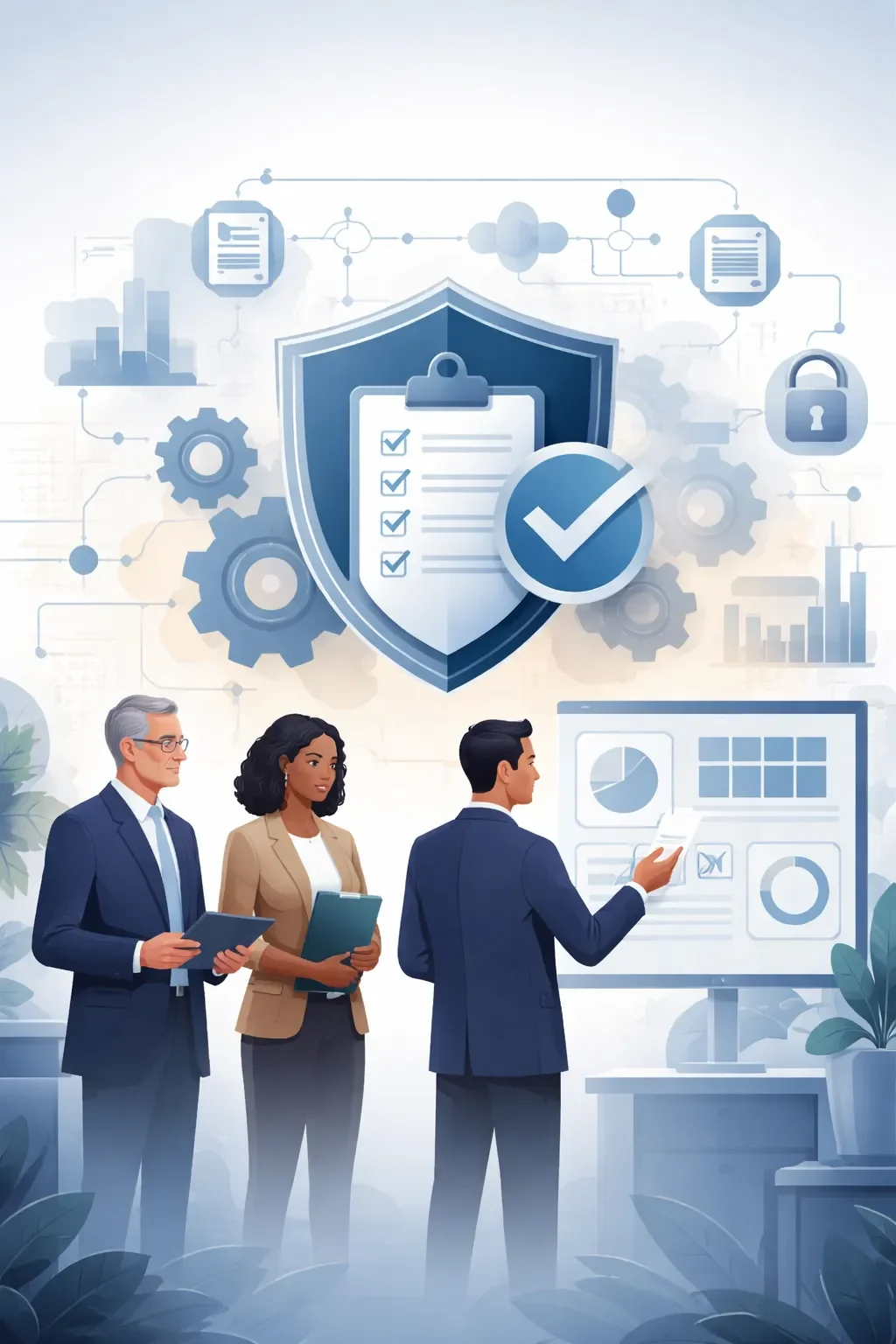 Digital illustration of professionals reviewing structured systems with shield, checklist, and control elements representing regulatory compliance management.