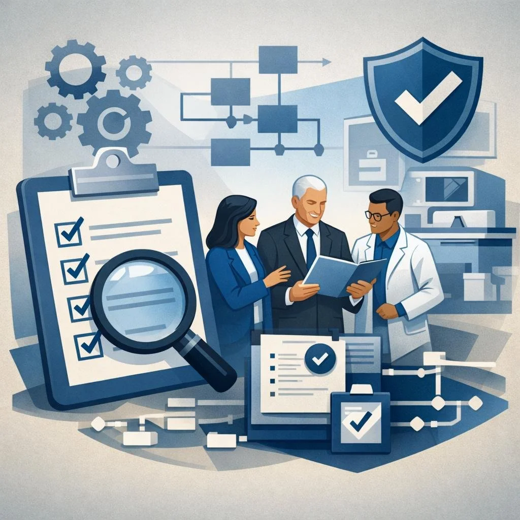 Digital illustration of professionals reviewing a clipboard and process workflow with shield and checklist symbols representing ISO 13485 internal audit services for a medical device quality management system.
