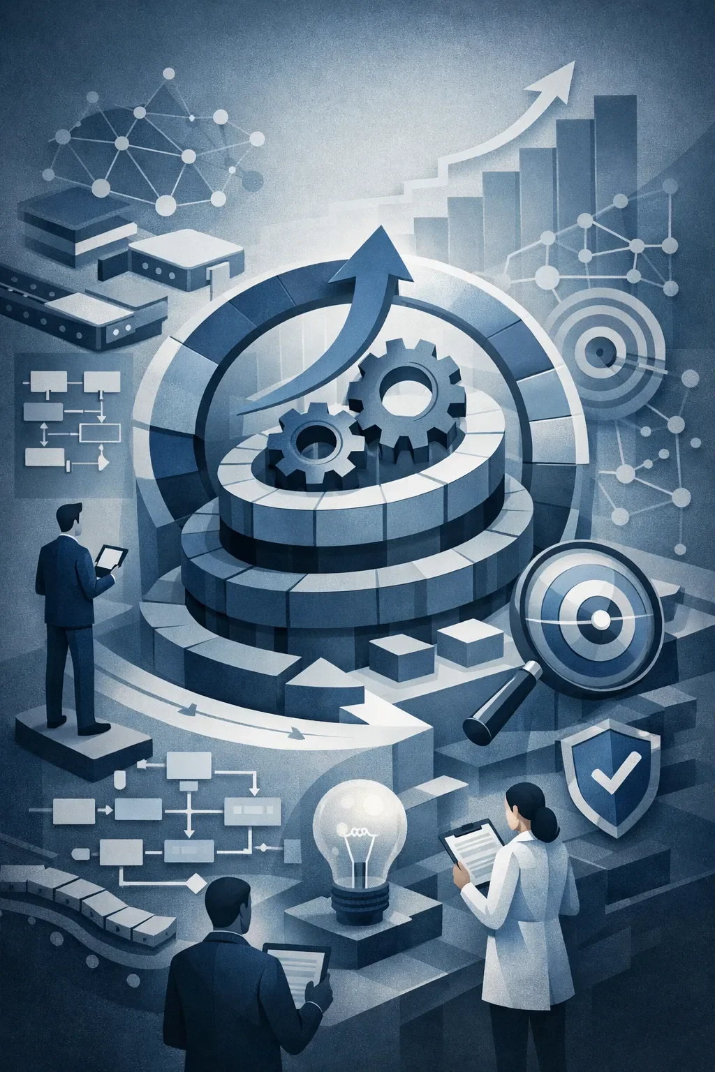 Abstract continuous improvement system with layered gears, circular process flow, audit elements, and interconnected structures showing iterative optimization