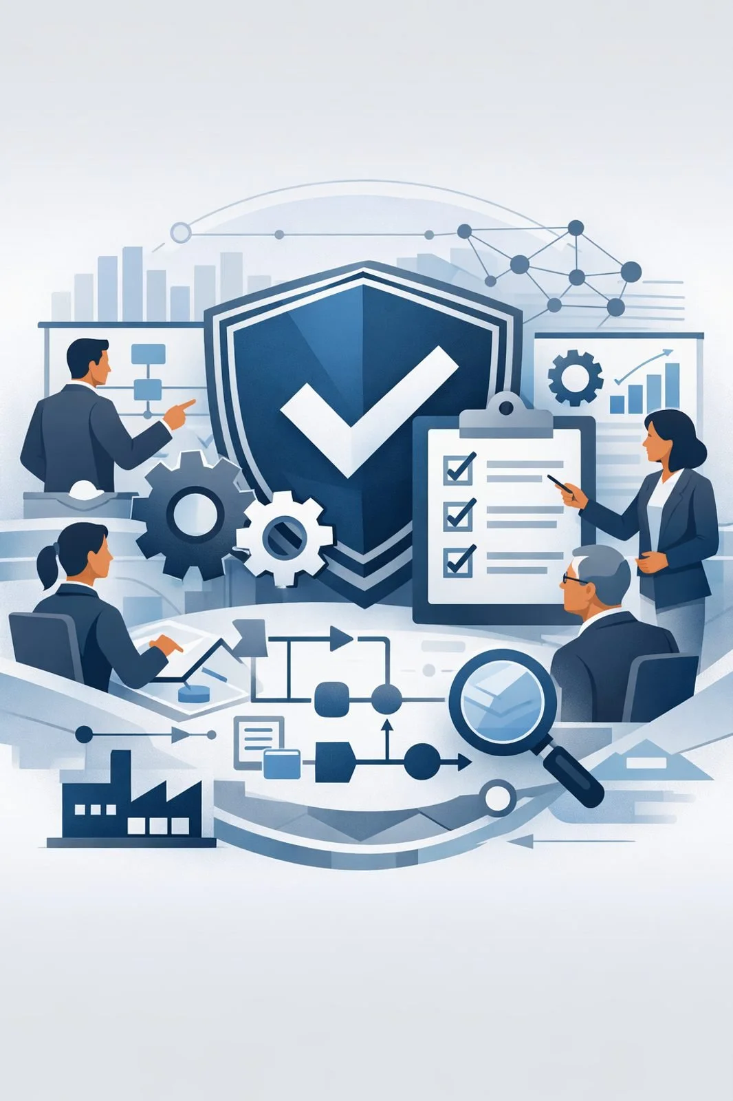 Digital illustration of professionals reviewing structured processes with shield, gears, and checklist representing an ISO 9001 quality management system.
