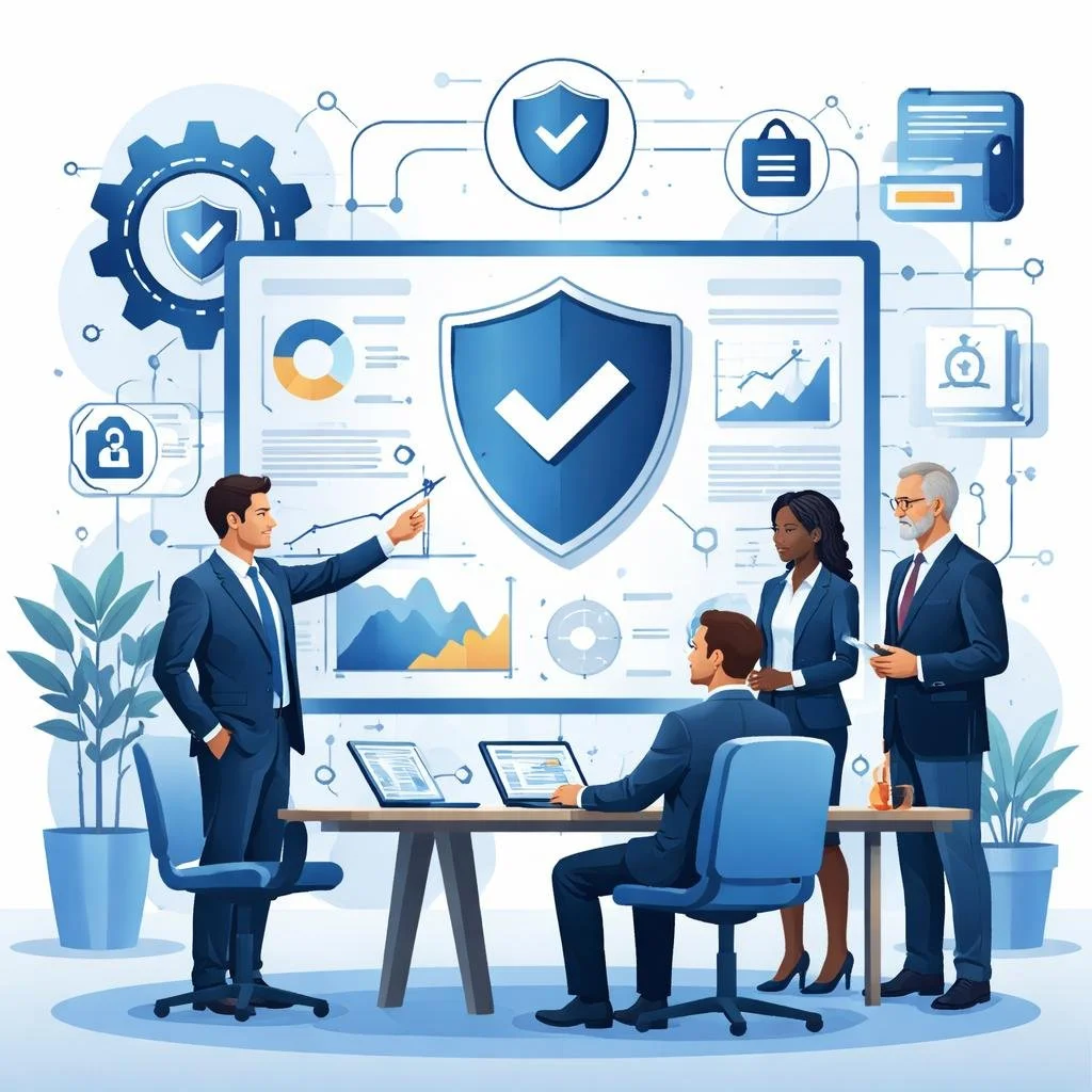 Digital illustration of diverse professionals reviewing a risk dashboard with shield, gears, and network symbols representing ISO 31000 risk management consulting and governance systems.
