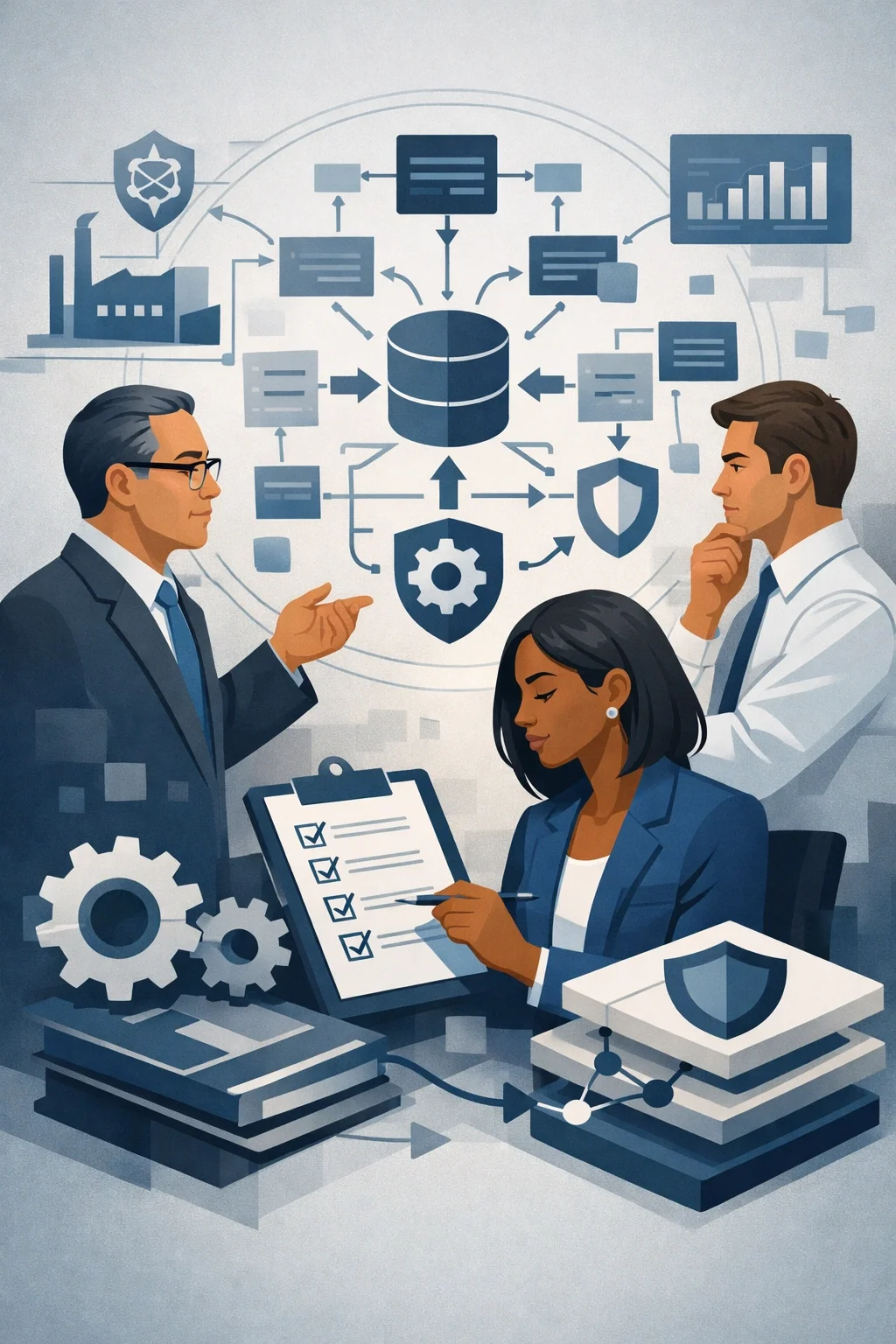 Digital illustration of cybersecurity professionals reviewing a structured network security architecture with shields, system flows, and layered controls representing cybersecurity risk management.