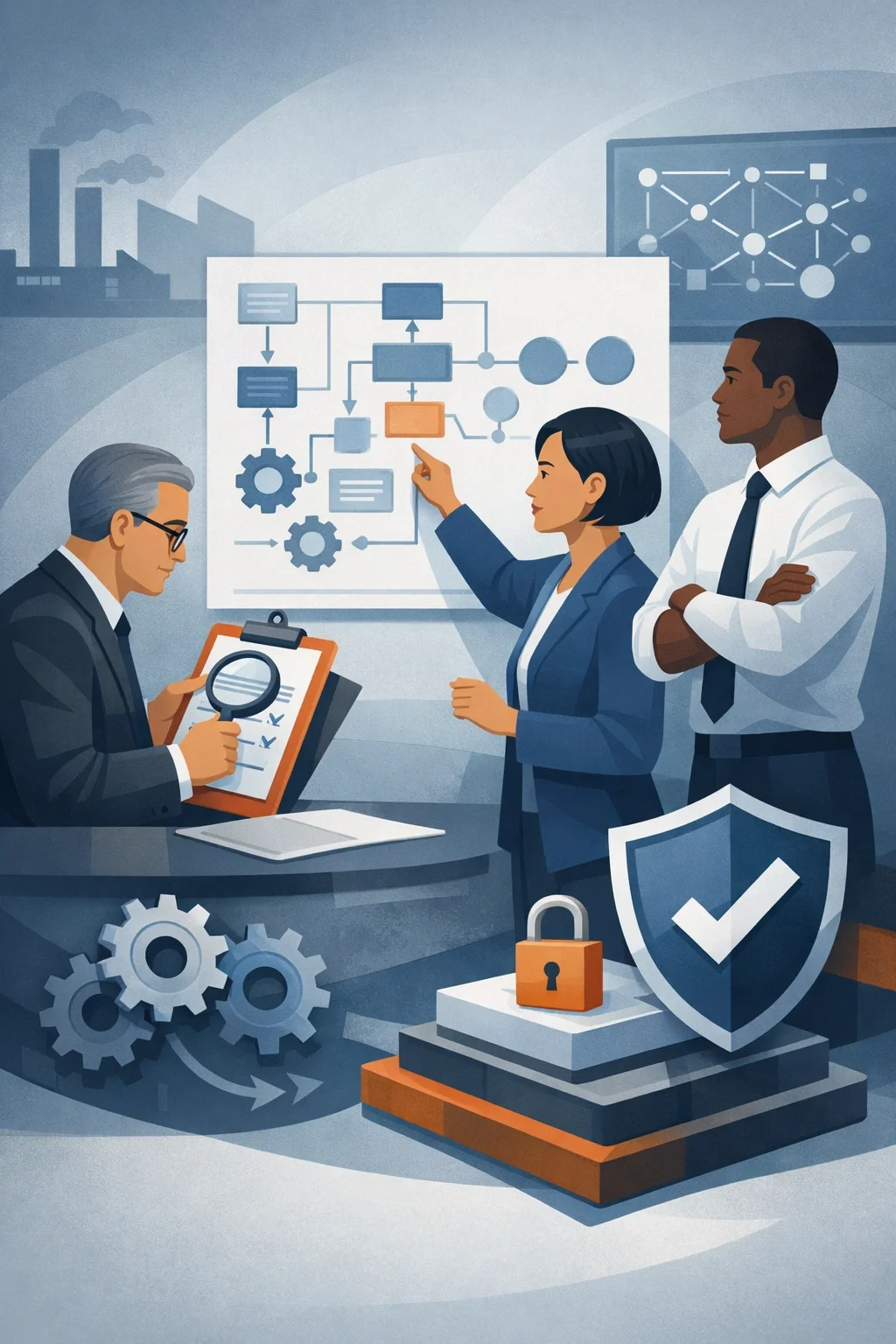 Digital illustration of consultants analyzing a structured process diagram with shield and checklist symbols representing ISO certification consulting and management systems governance.