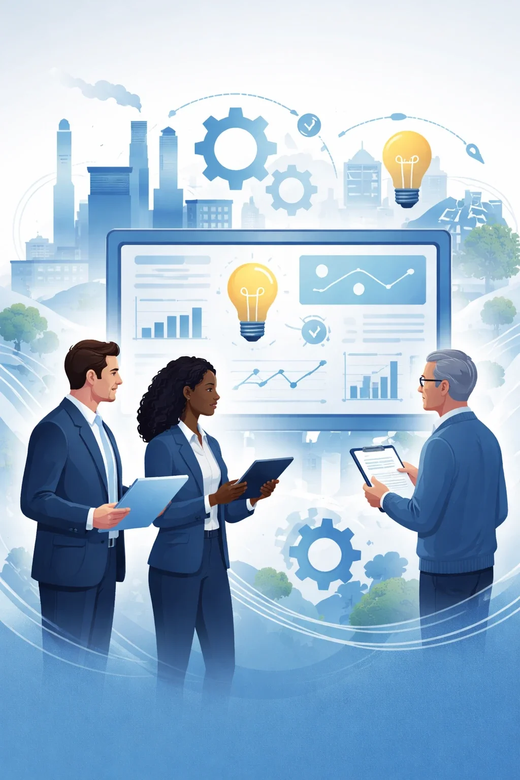 Digital illustration of energy management consulting showing professionals reviewing energy performance dashboards with system controls, industrial context, and efficiency indicators.