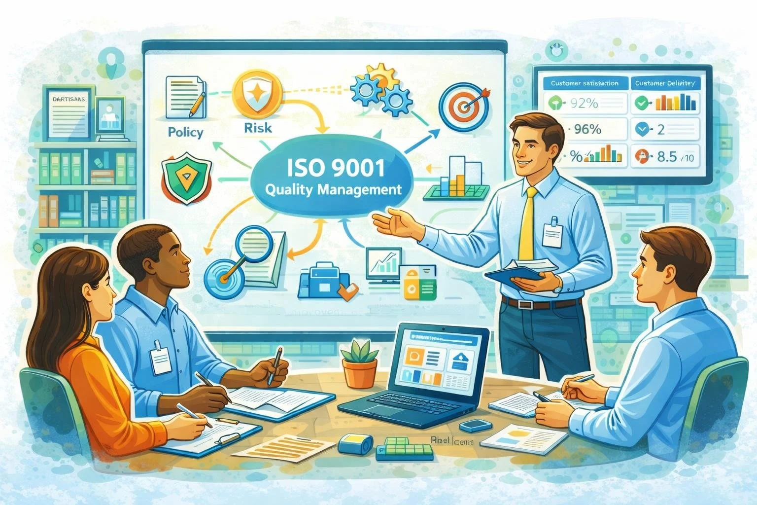 Consultant presenting ISO 9001 quality management system framework to a team in a conference room, with process icons, risk symbols, performance charts, and KPI graphics displayed on a large screen.