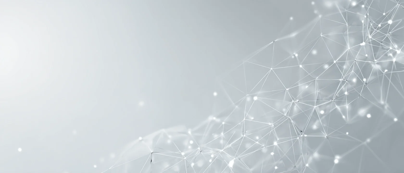 Minimal abstract geometric network with connected nodes fading into clean light gray space, representing structured management system architecture