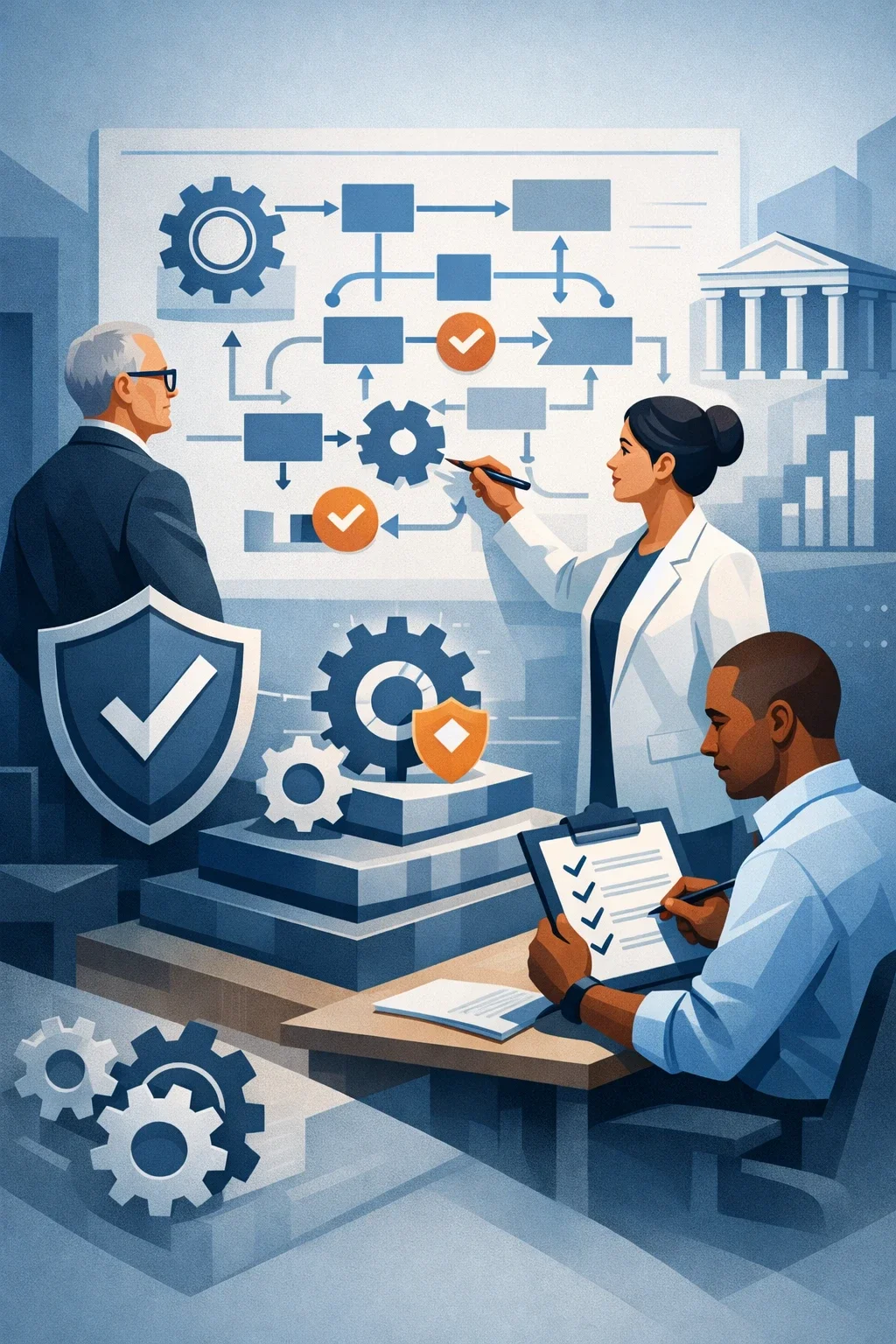 Digital illustration of consultants analyzing structured security controls with shields, system flow diagrams, and checklists representing ISO 27001 vs SOC 2 governance frameworks.