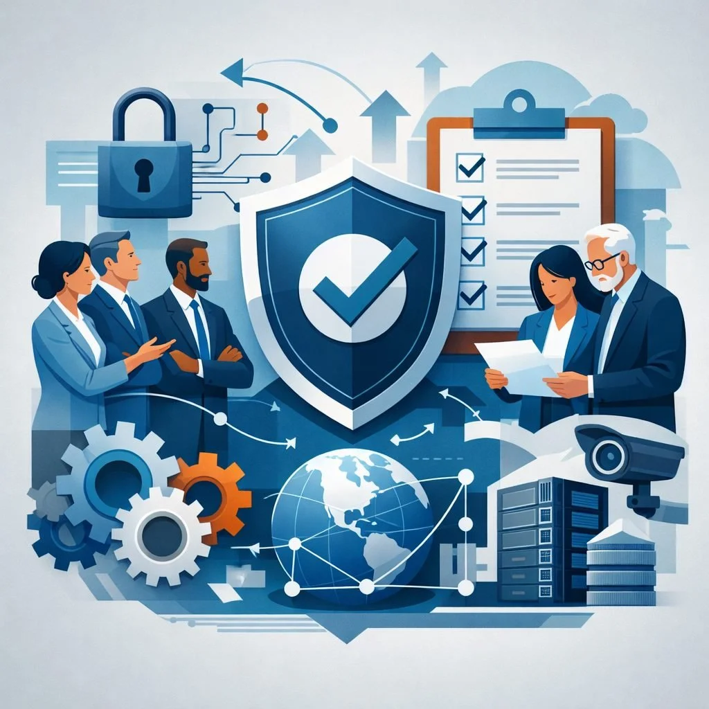 Digital illustration of a shield, checklist, lock, and network systems representing ISO 27001 certification requirements and structured information security governance.