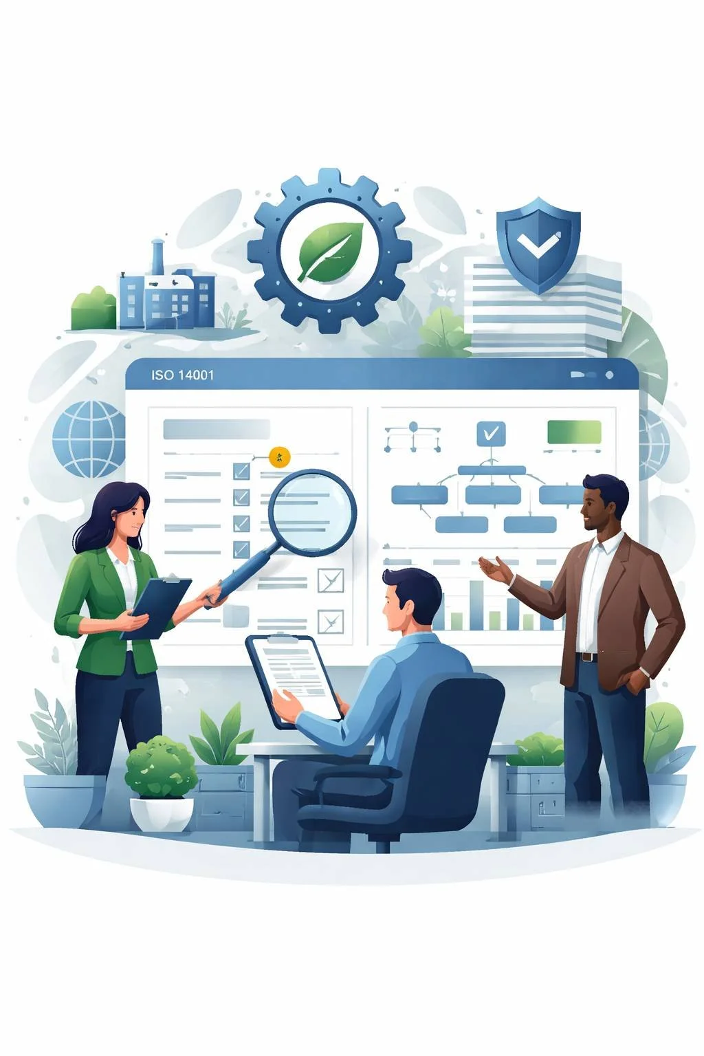 Digital illustration of consultants evaluating environmental management processes with checklist, shield validation symbol, and factory imagery representing ISO 14001 gap analysis.