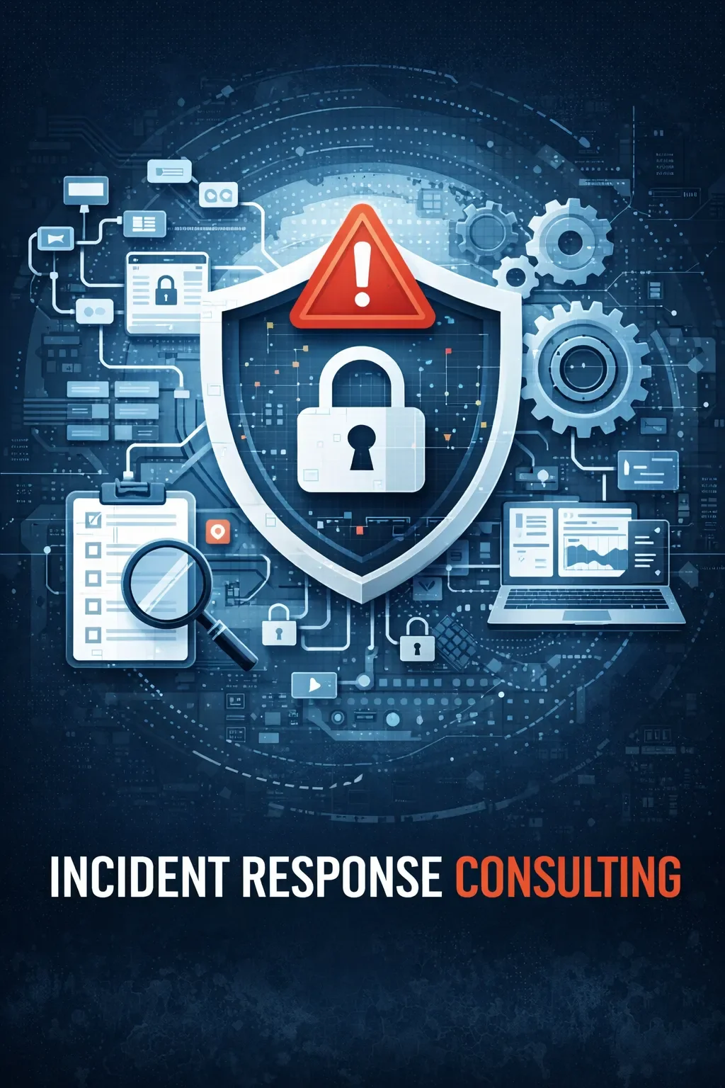 Digital illustration of a shield with alert symbol, interconnected systems, and process elements representing incident response consulting and structured security response frameworks.