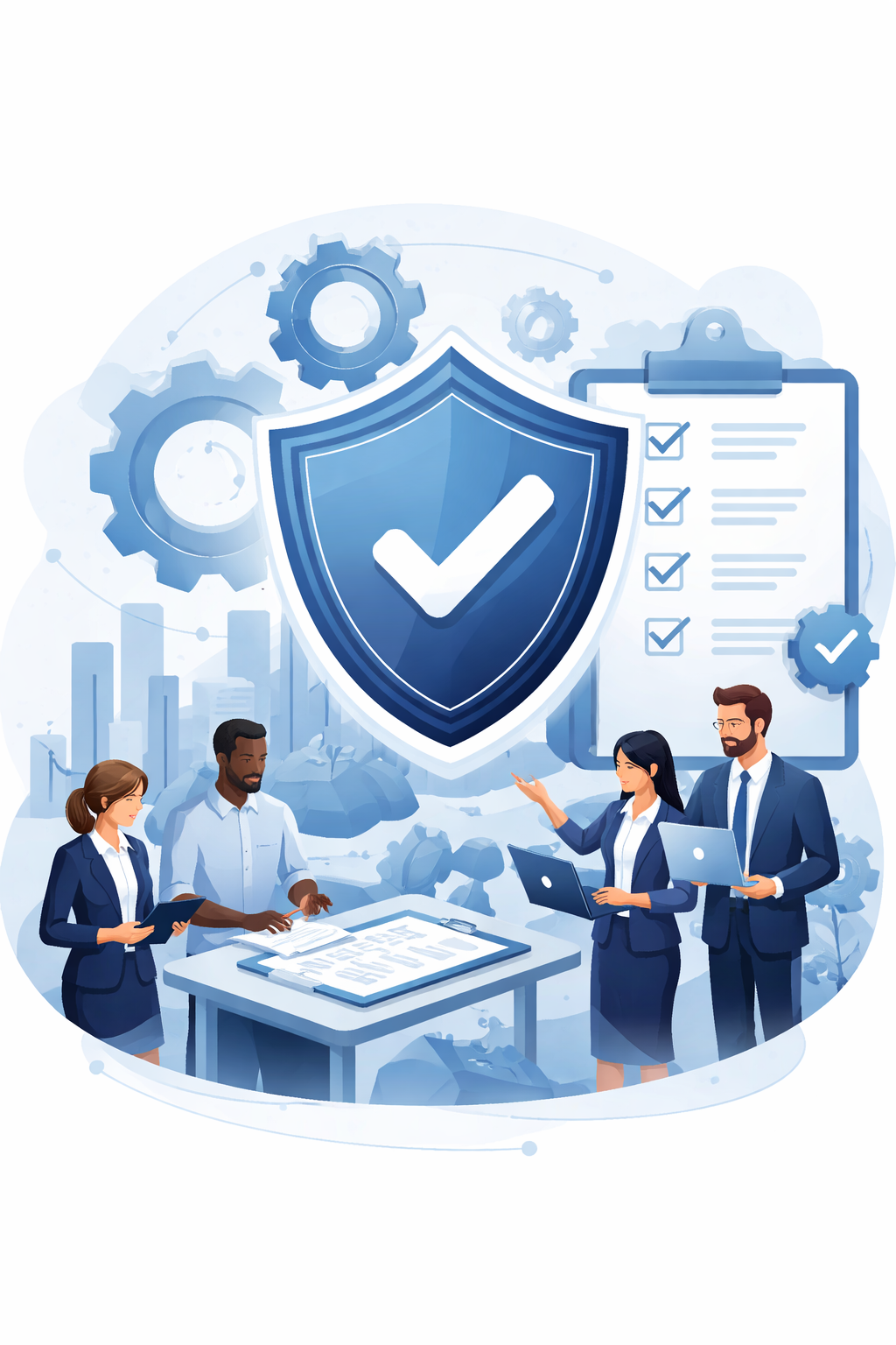 Digital illustration of a shield, checkmark, gears, and structured review documents representing an ISO 9001 quality certificate and quality system validation.