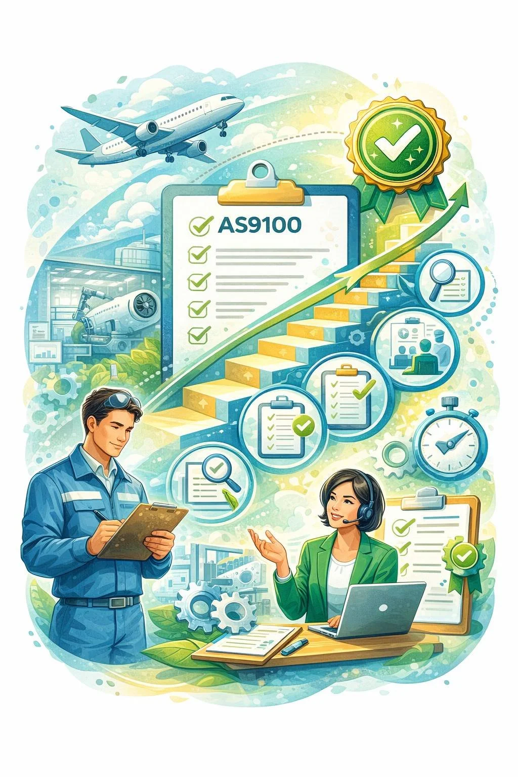 Illustration of an aerospace engineer and consultant reviewing a quality checklist with airplane, factory, staircase steps, gears, and certification badge representing the AS9100 certification process.
