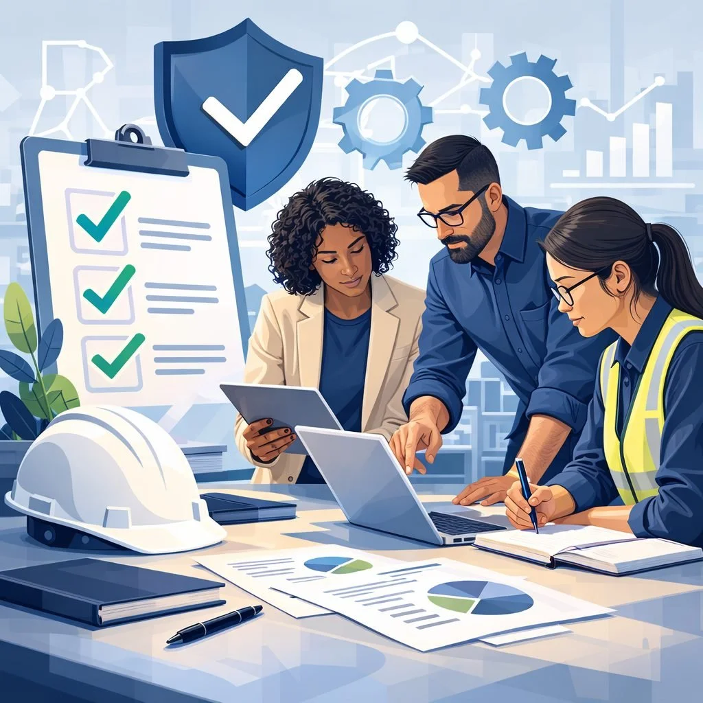 Digital illustration of a structured workplace safety planning scene with shield, checklist, gears, and professionals reviewing documents representing ISO 45001 for small businesses.