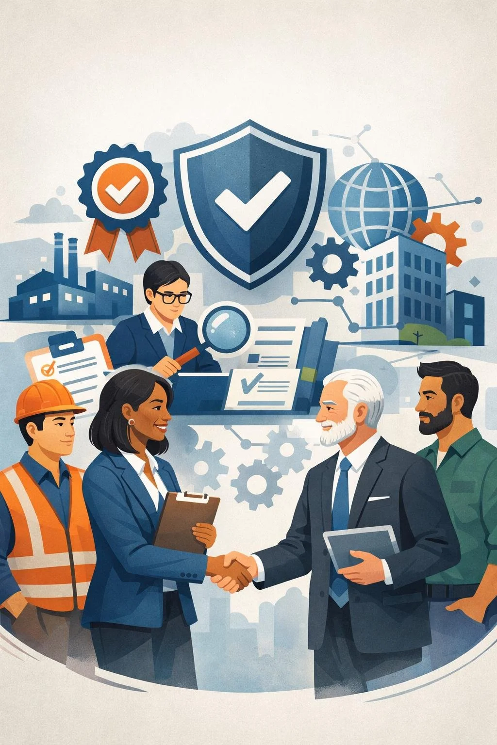 Illustration of diverse professionals, including engineers and business people, shaking hands, with symbols of protection, teamwork, and global connectivity in the background.