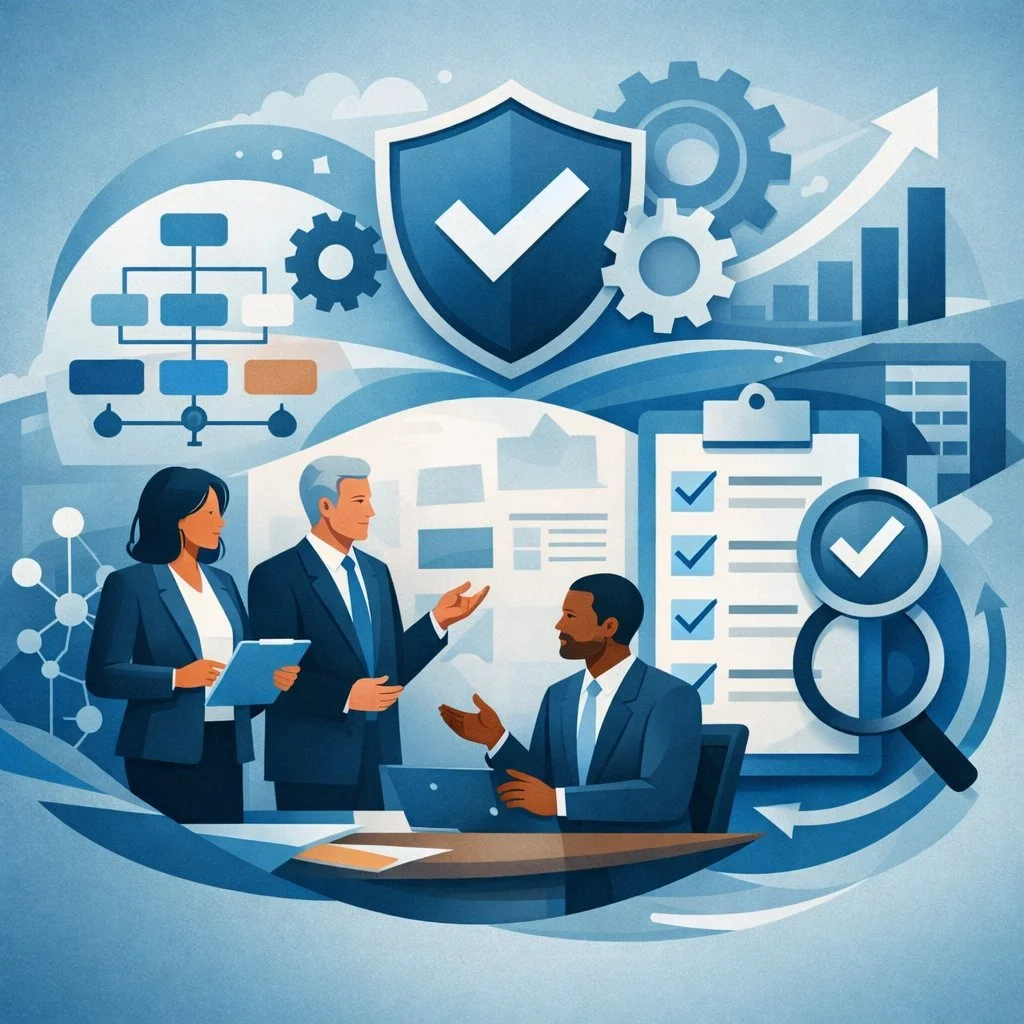 Digital illustration of a shield, gears, checklist, and leadership team representing management responsibility and structured organizational governance.
