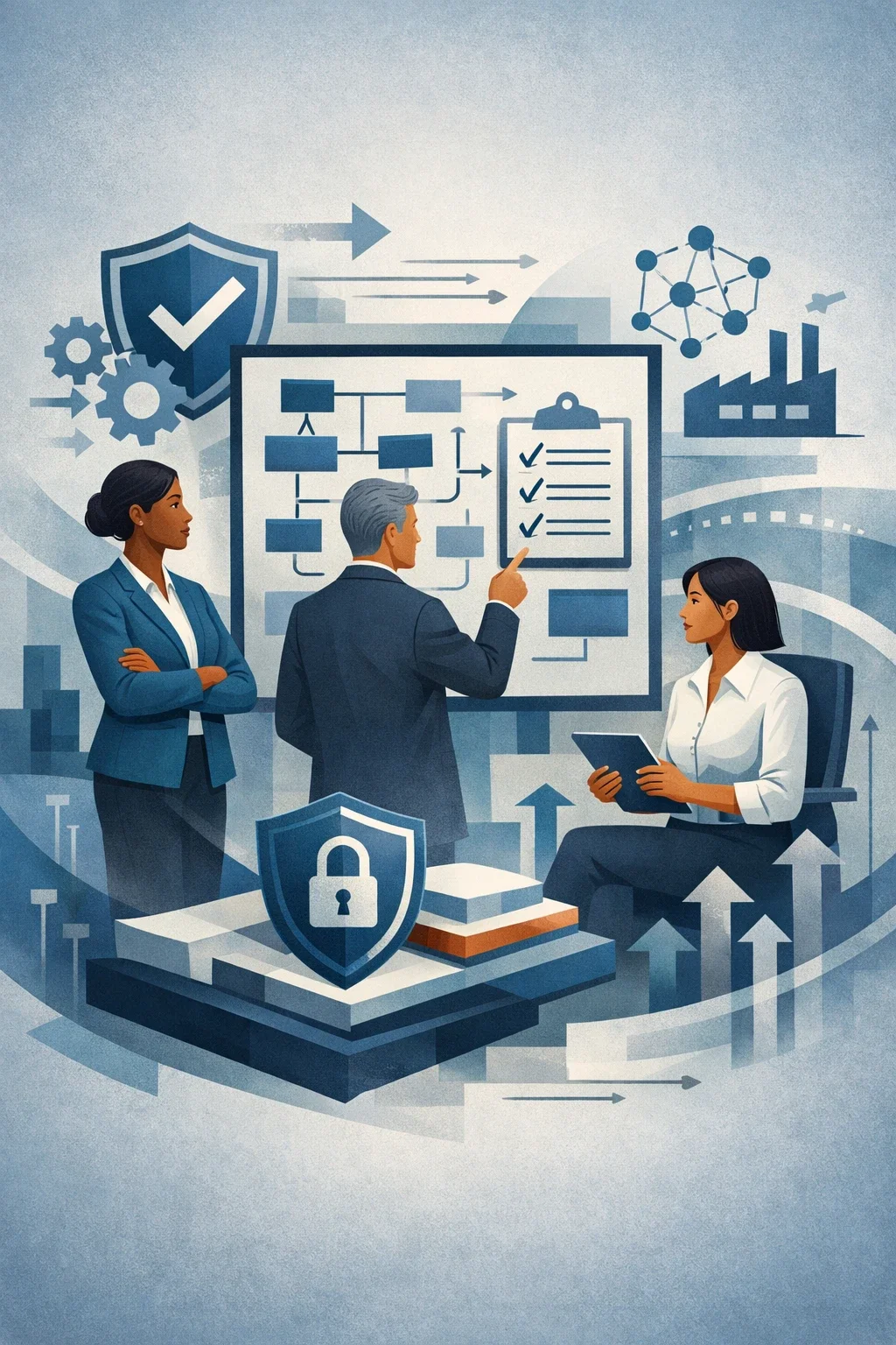 Digital illustration of manufacturing quality oversight with shield, gears, factory icons, and process flow diagram representing Good Manufacturing Practice systems.