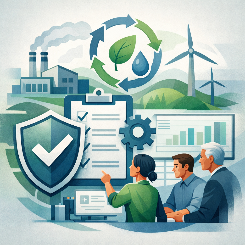 Digital illustration of environmental management system certification with shield checkmark, factory, wind turbines, and professionals reviewing sustainability controls.