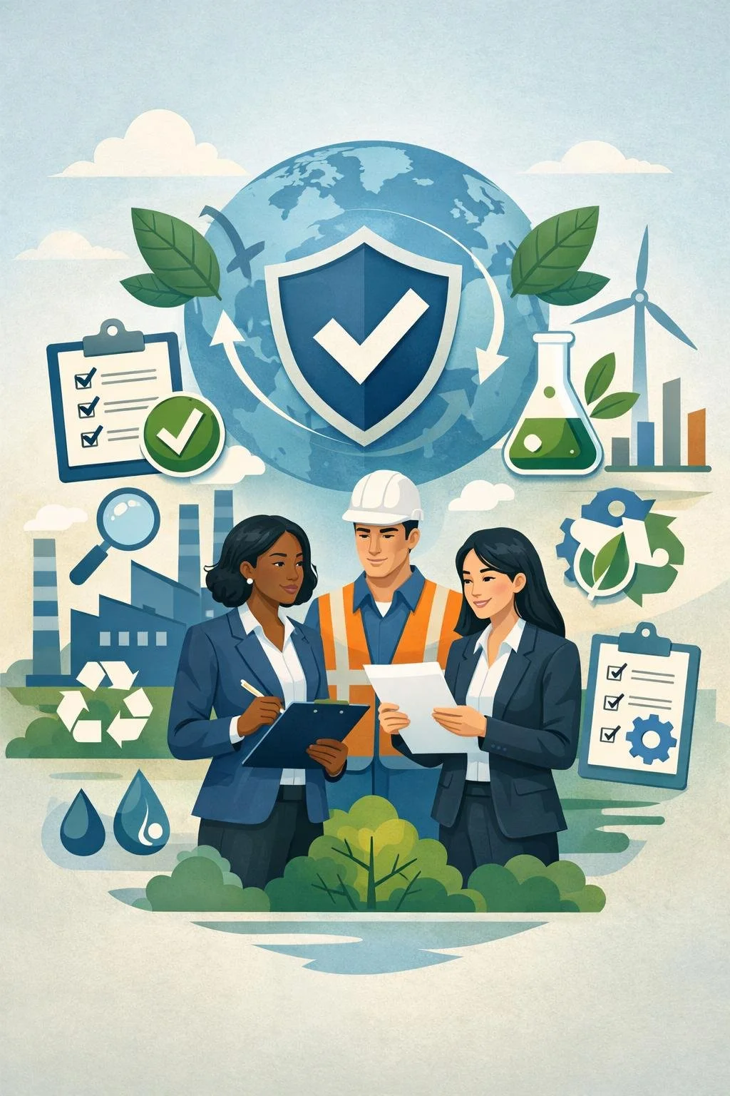 Professional illustration representing certification ISO 14001 with environmental management system symbols, shield approval icon, sustainable industry elements, and diverse professionals reviewing environmental compliance documentation.