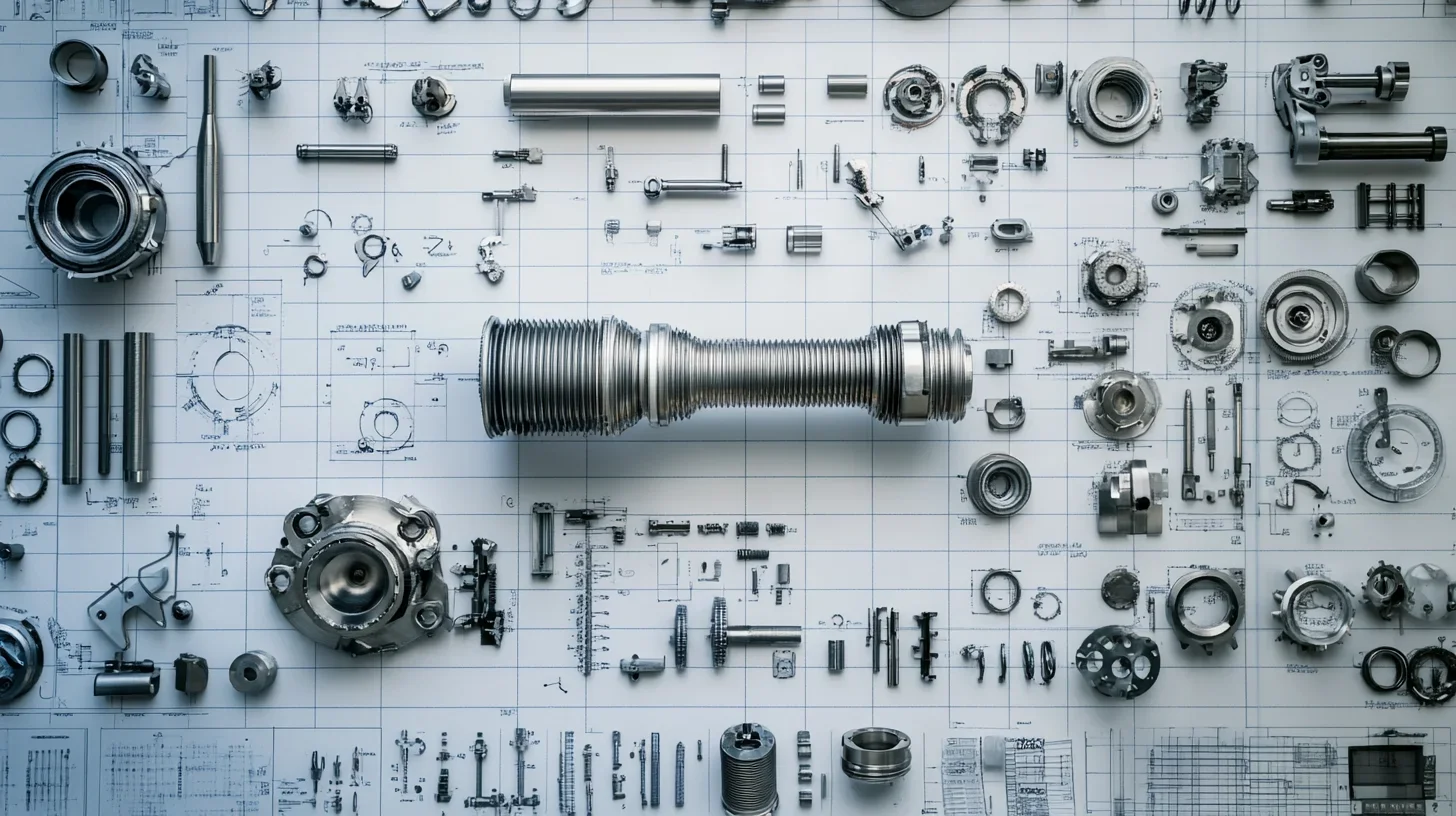 Precision aerospace components arranged on engineering drawings, representing structured quality management for aerospace and defense organizations
