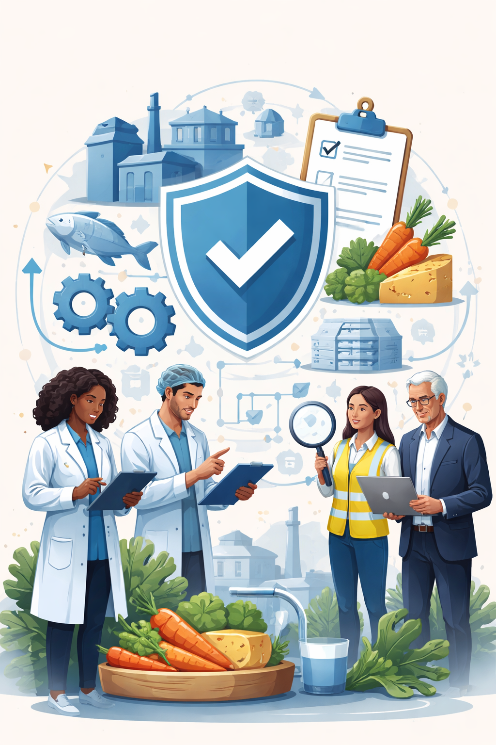 Illustrated food safety management system concept showing diverse food safety professionals reviewing checklists beneath a protective shield symbol, surrounded by factory, supply chain, and fresh food elements representing ISO 22000 compliance.
