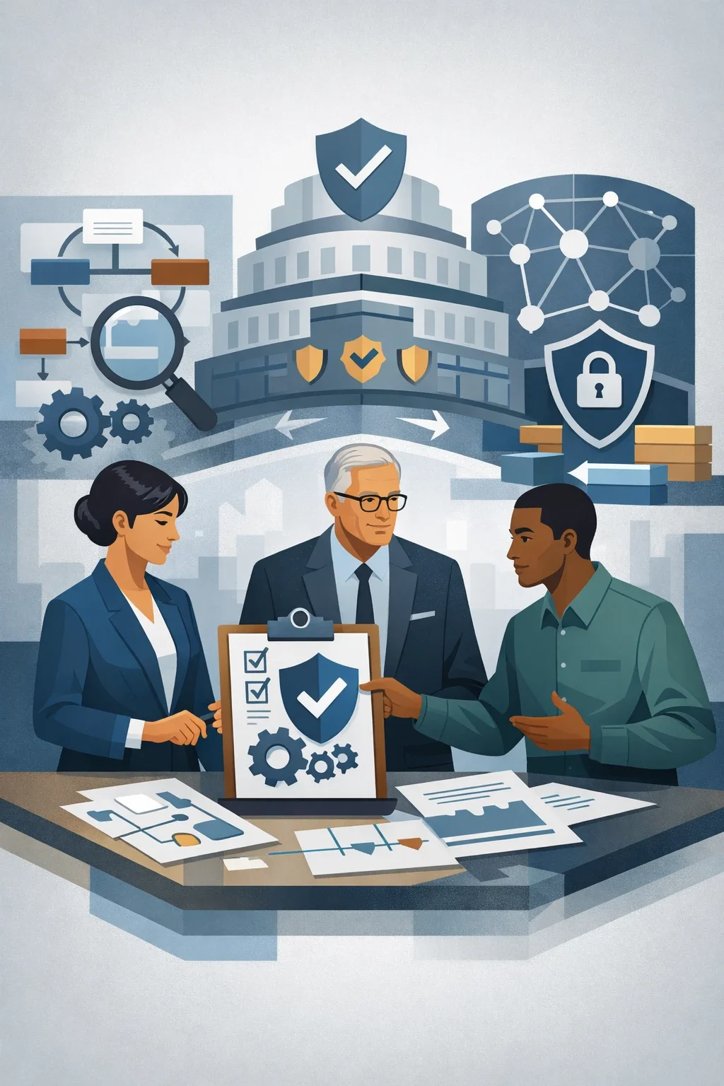 Digital illustration of cybersecurity governance planning with shield, network nodes, lock, and process diagrams representing the NIST Cybersecurity Framework.